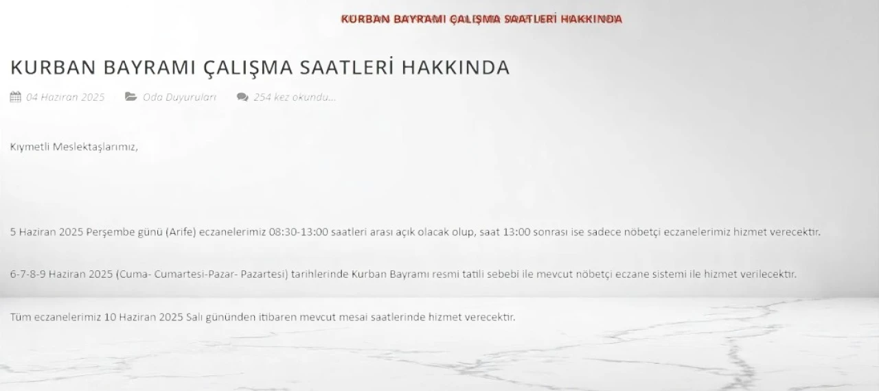 Kahramanmaraş Eczacı Odası: Kurban Bayramı Arefe Günü Açık Eczaneler ve Nöbetçi Eczaneler