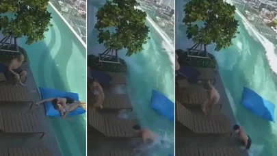 Depremin vurduğu çatı katındaki havuzda mahsur kalan çiftin dramı kameralara yansıdı.