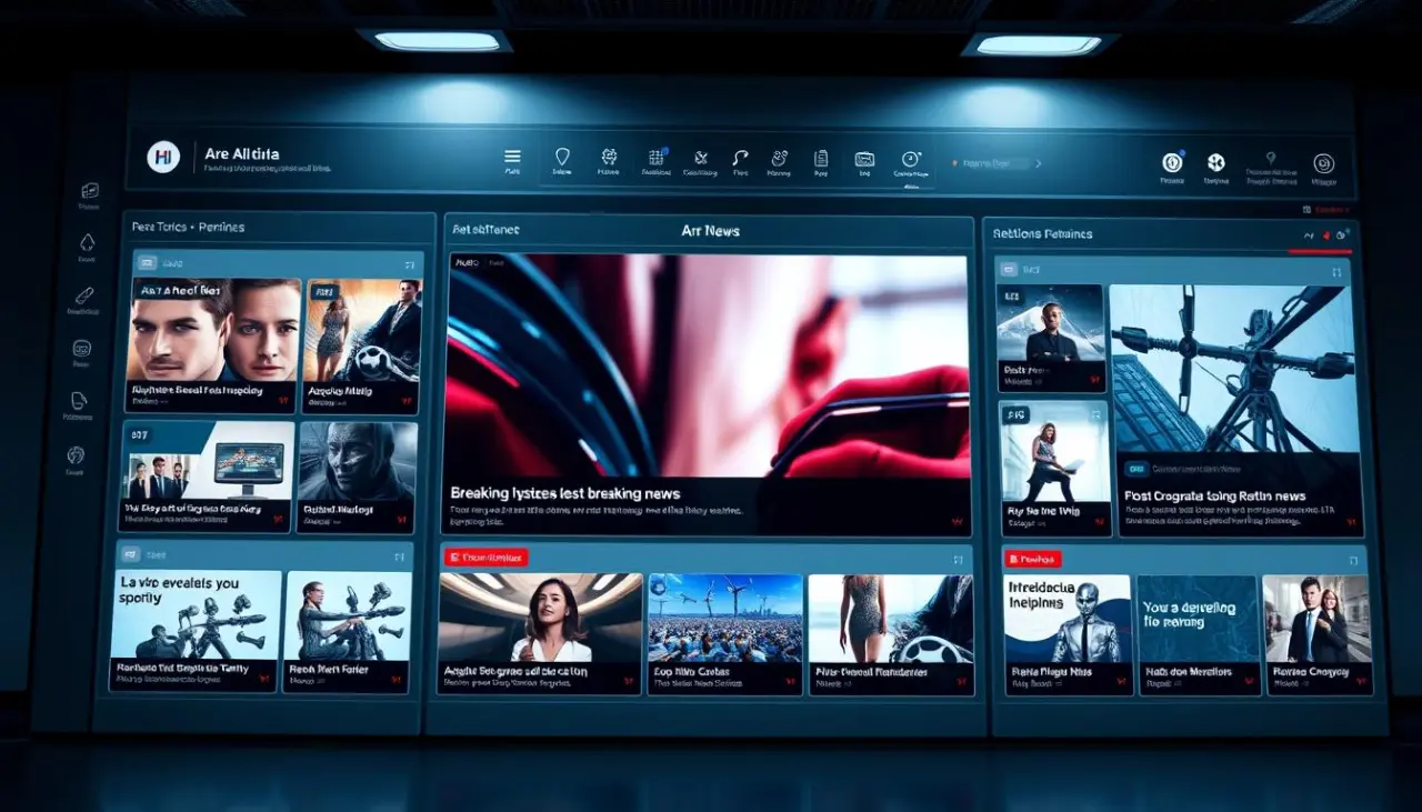 A modern, sleek news software interface with a clean, minimalist layout. The main screen displays a grid of news articles, each with a prominent headline and a thumbnail image. In the center, a large hero image showcases the latest breaking news story, with a bold, attention-grabbing headline. The interface has a cool, monochromatic color palette, with pops of vibrant accent colors to draw the eye. Soft, indirect lighting casts a subtle glow across the display, creating a professional, premium feel. The user experience is intuitive and seamless, with clear navigation tools and responsive, touch-optimized controls. Overall, the image conveys the power and sophistication of a cutting-edge news management platform.